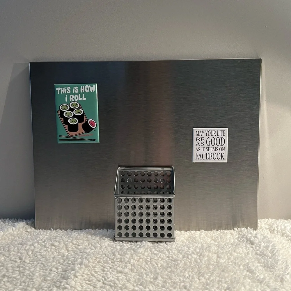 Kikkerland Stainless Magnetic Memo Board with Note Pen Pencil Holder